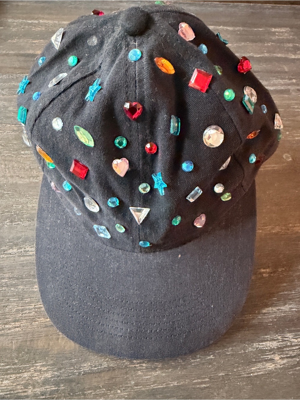 1980s Black Jeweled Baseball Cap with Multicolor Gem Accents